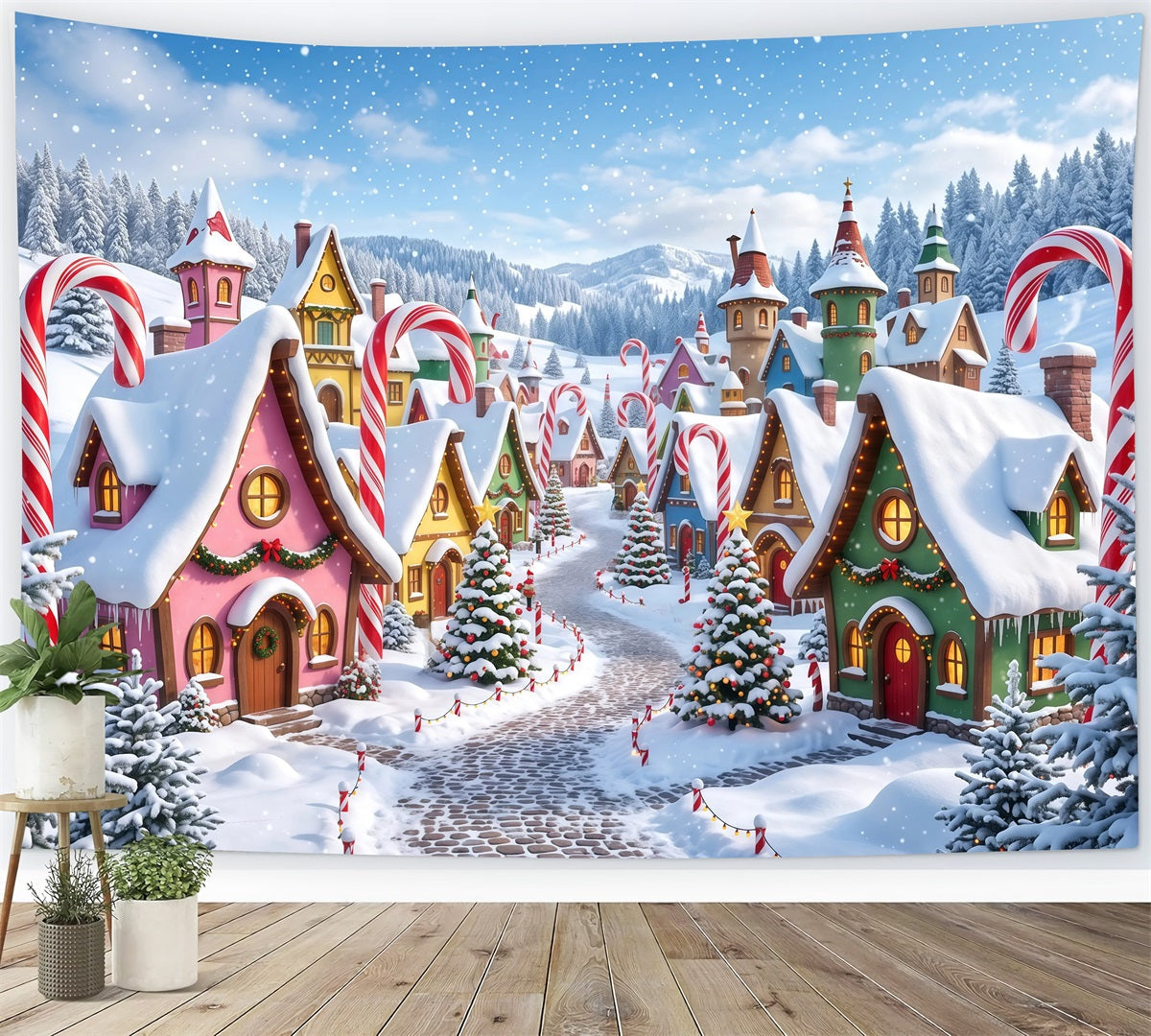 Fond De Village De Noël Cottage Bonbons Sucre Enneigé RR610-81