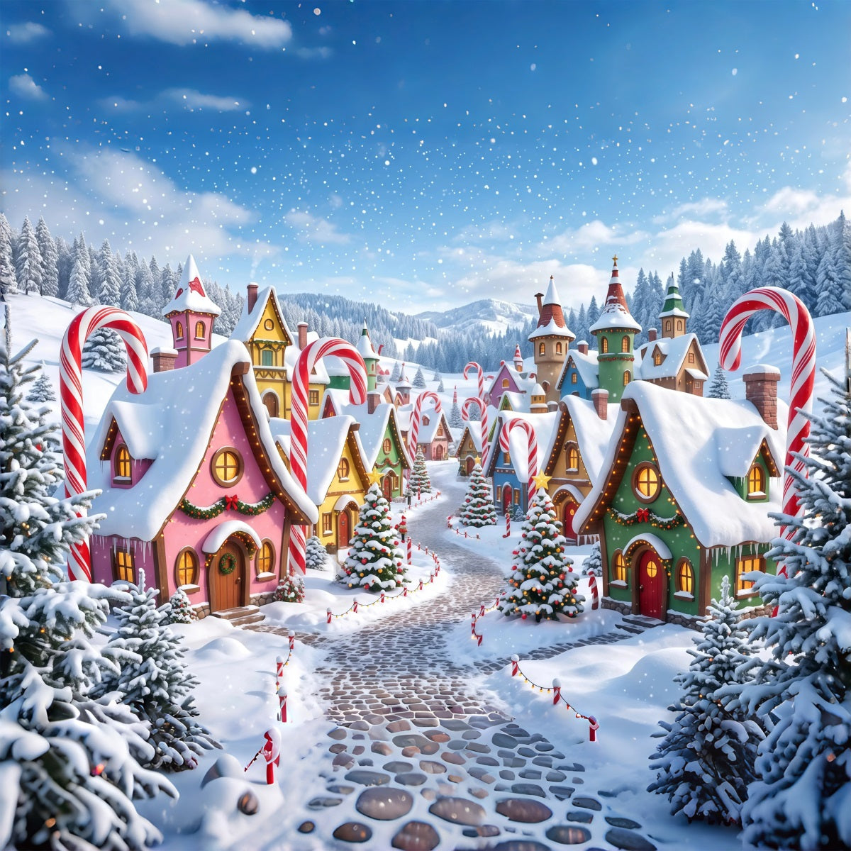 Fond De Village De Noël Cottage Bonbons Sucre Enneigé RR610-81