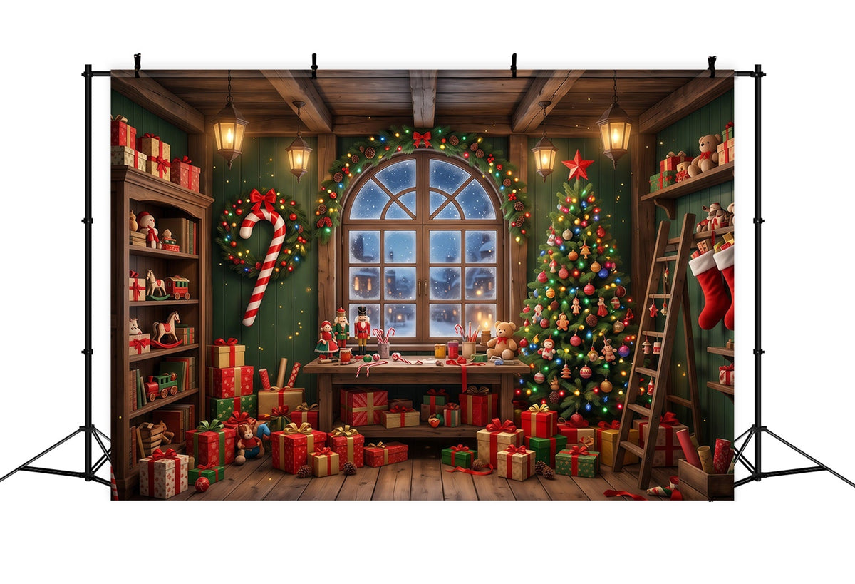 Fond Photo Père Noël Fenêtre Atelier Jouets Festif RR610-82
