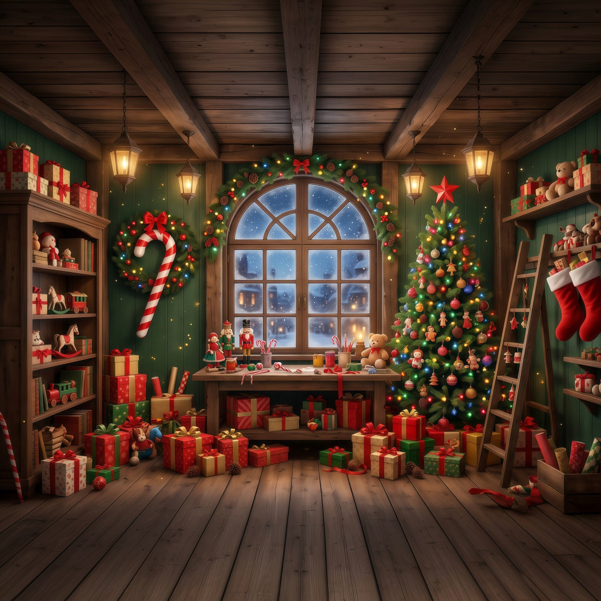 Fond Photo Père Noël Fenêtre Atelier Jouets Festif RR610-82