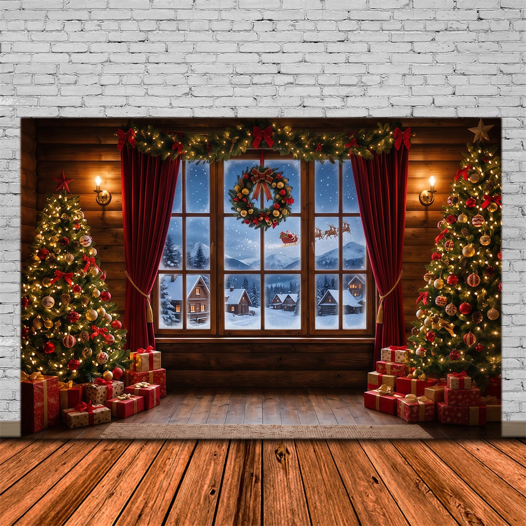 Fond Photo Père Noël Fenêtre Village Enneigé RR610-83