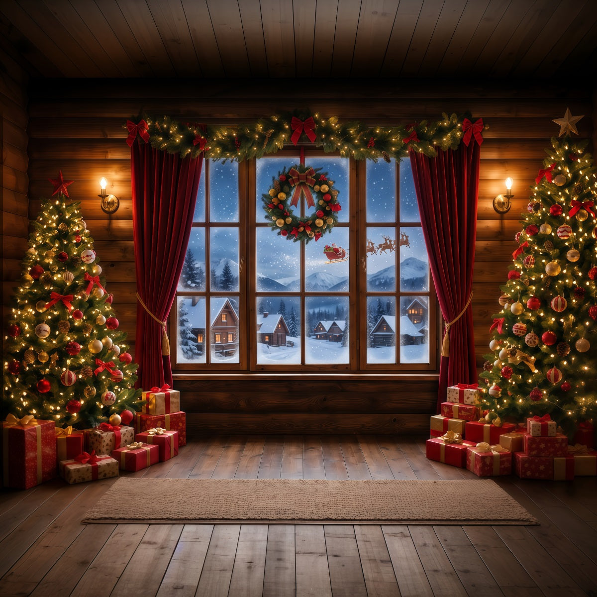 Fond Photo Père Noël Fenêtre Village Enneigé RR610-83