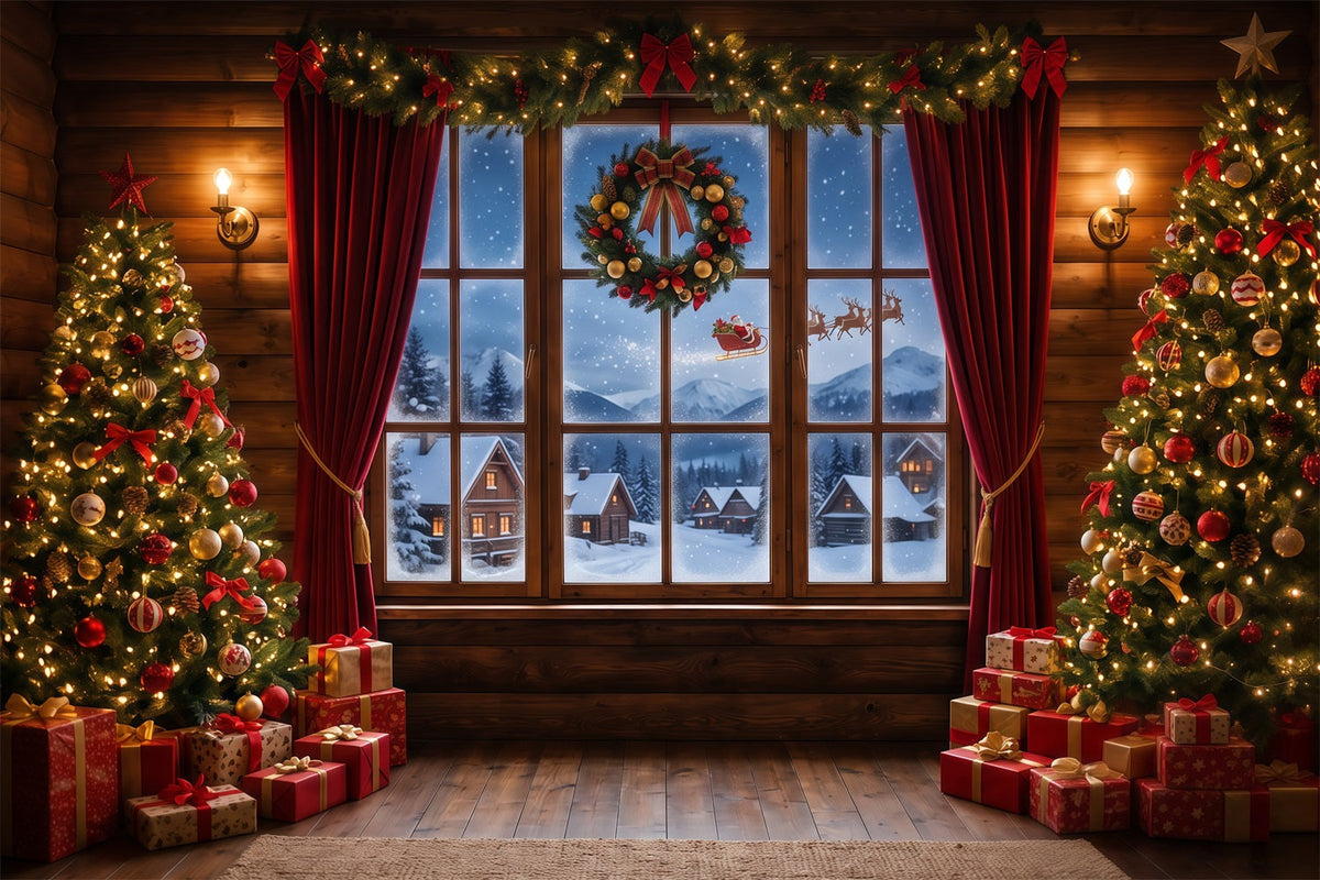 Fond Photo Père Noël Fenêtre Village Enneigé RR610-83