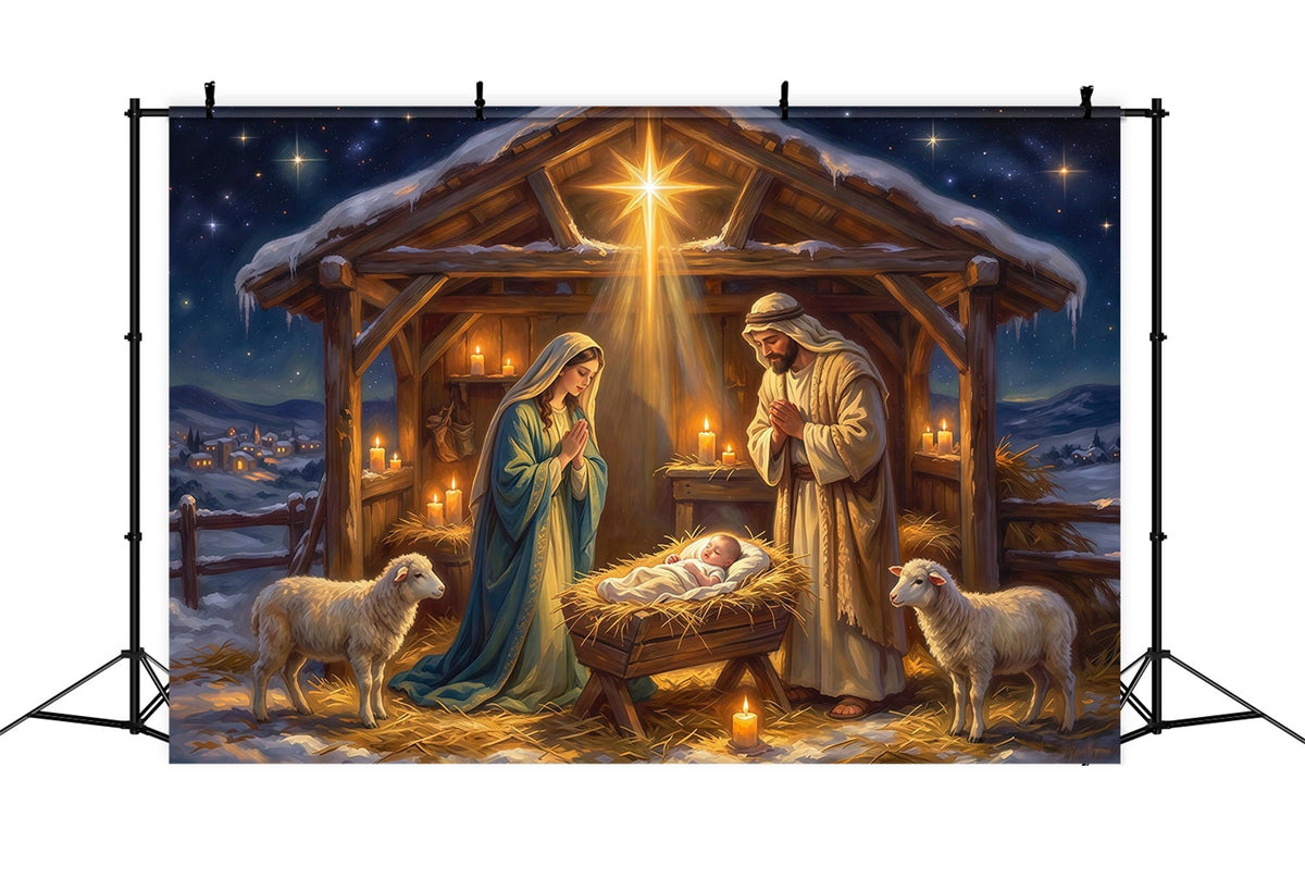 Fond De Crèche De Noël Abri Mangeoire Ciel Étoilé RR610-84