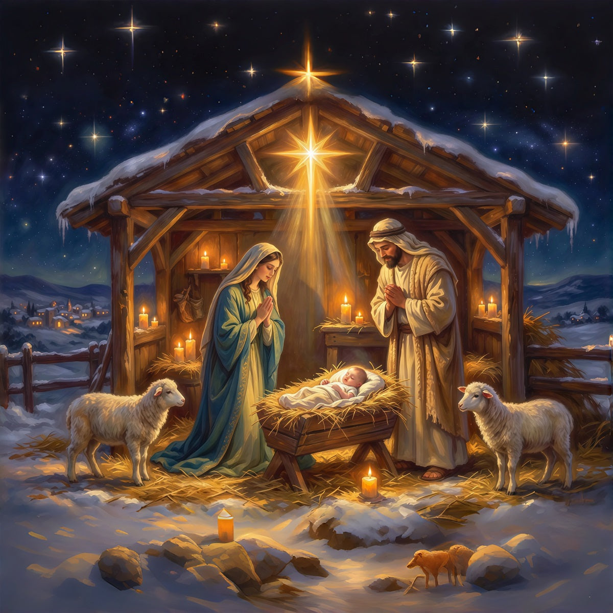 Fond De Crèche De Noël Abri Mangeoire Ciel Étoilé RR610-84