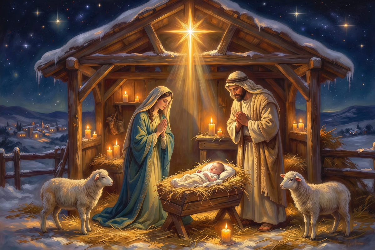 Fond De Crèche De Noël Abri Mangeoire Ciel Étoilé RR610-84