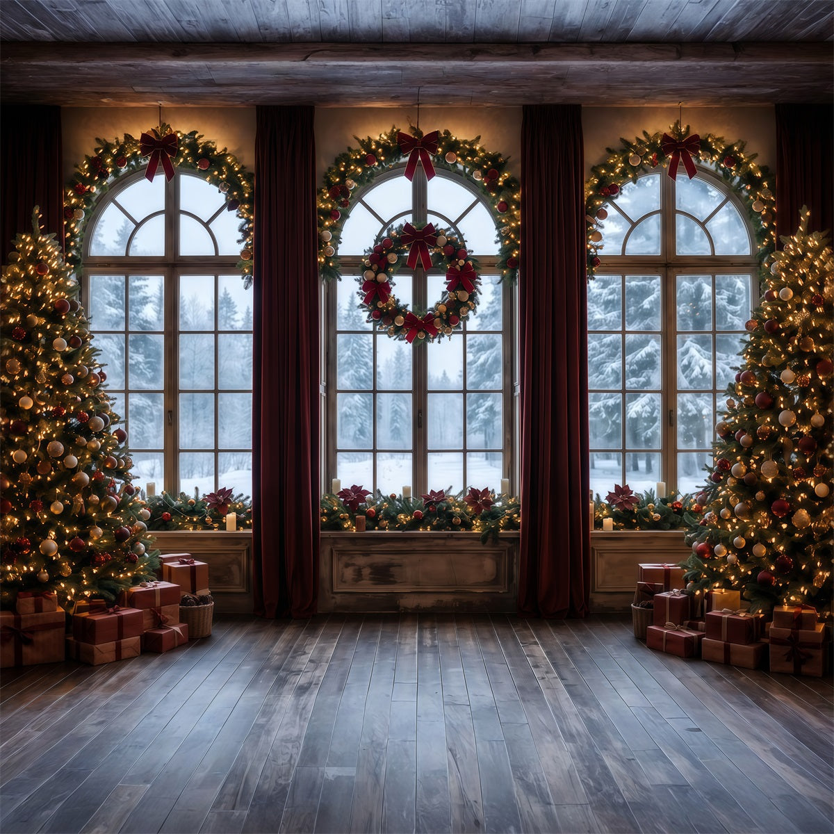 Fond De Noël Fenêtre Givrée Couronne Décorative RR610-85