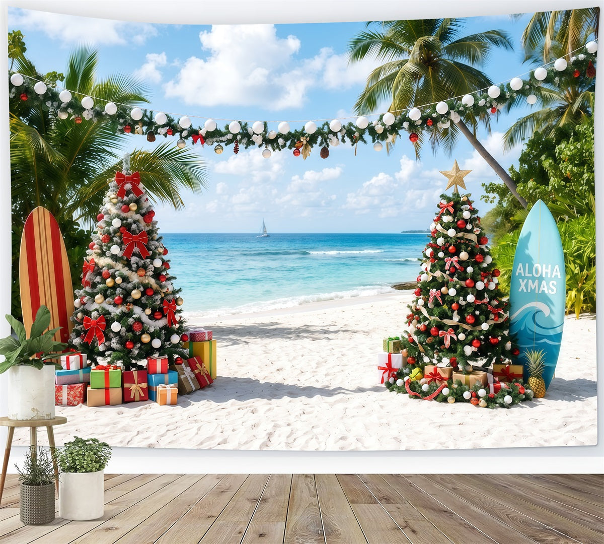Fond De Noël Tropical Mer Plage Planche Surf RR610-87