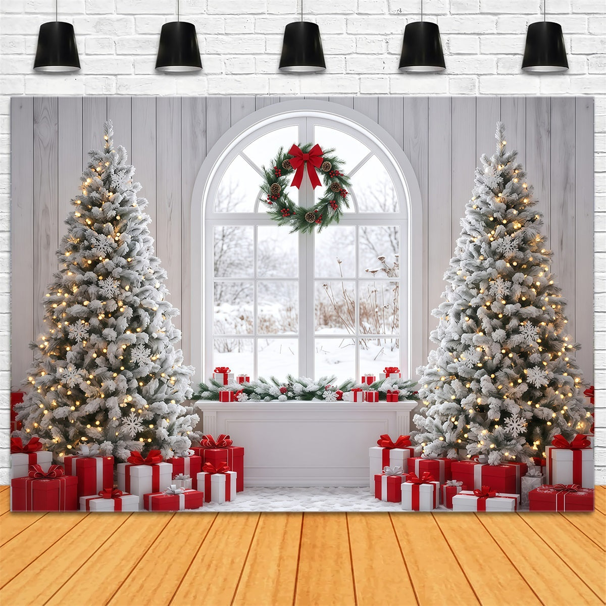 Fond Photo De Noël Fenêtre Enneigée Sapin Décoré RR610-9