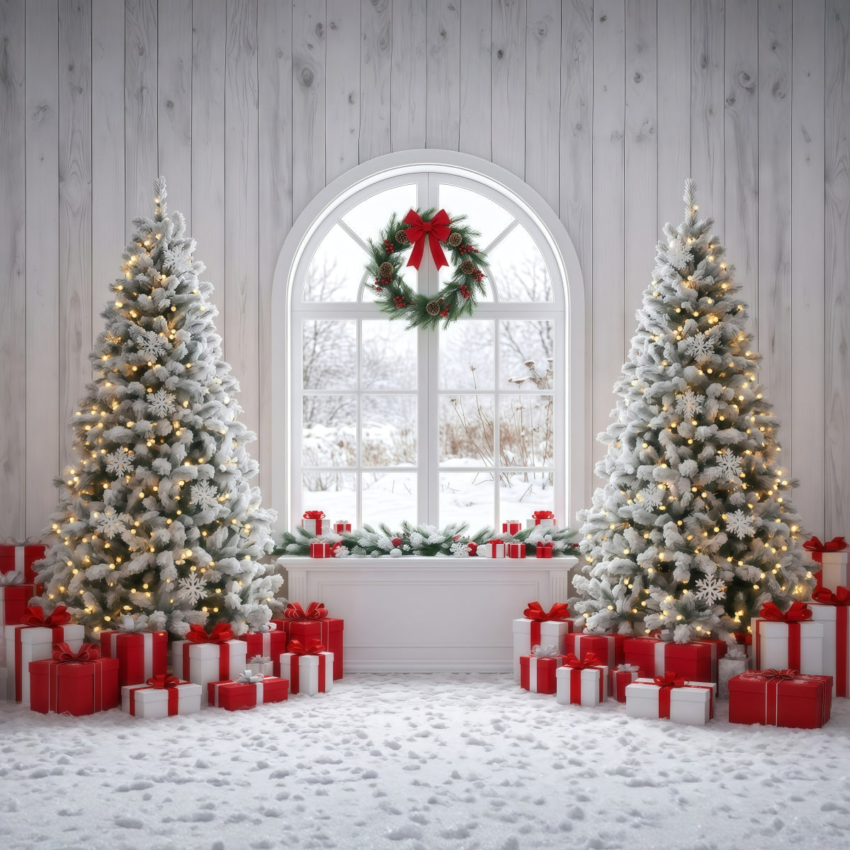 Fond Photo De Noël Fenêtre Enneigée Sapin Décoré RR610-9