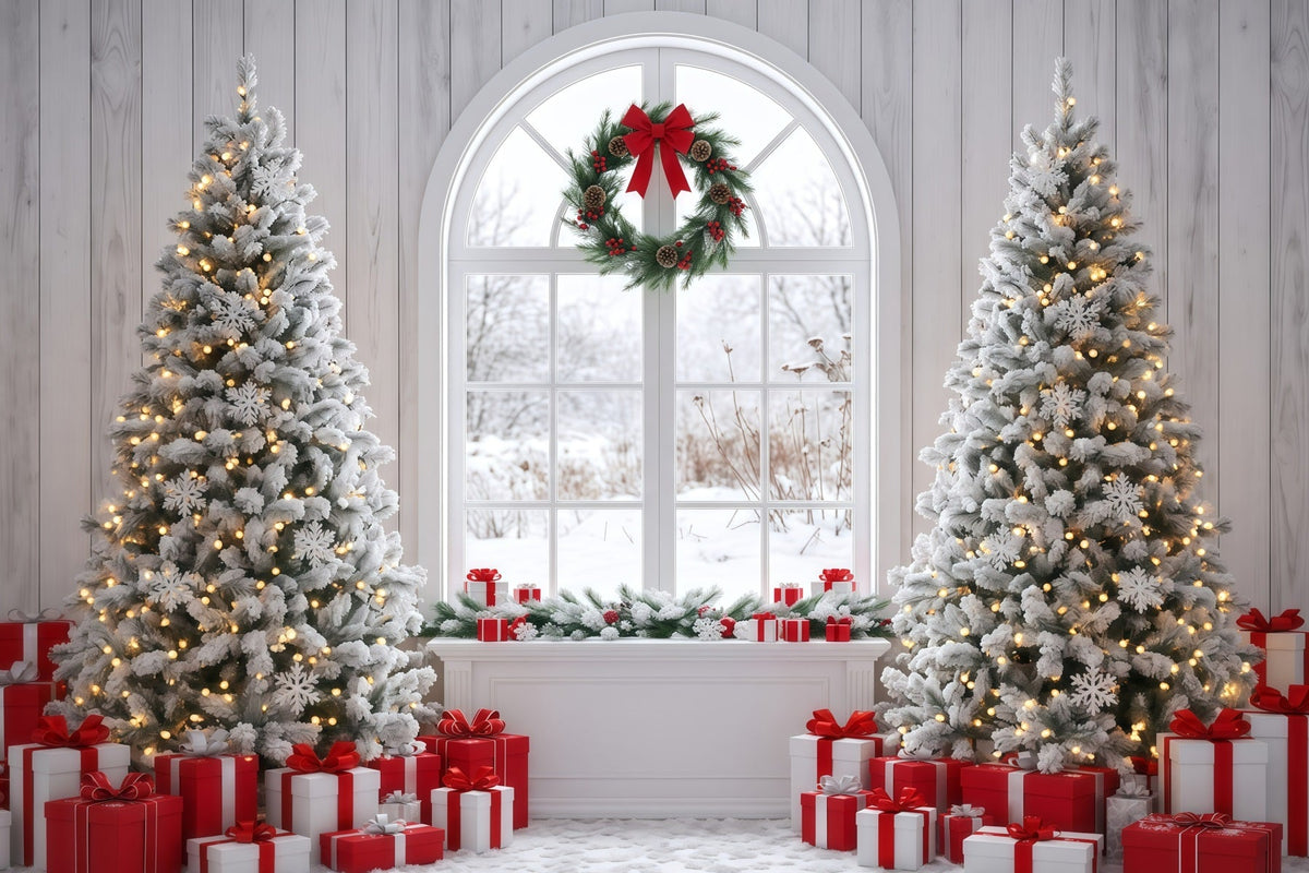 Fond Photo De Noël Fenêtre Enneigée Sapin Décoré RR610-9