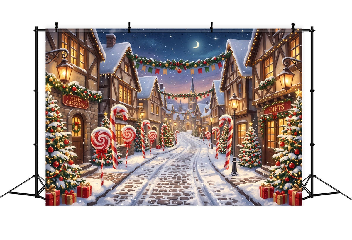 Fond De Village De Noël Rue Enneigée Bonbons Sucre RR610-94