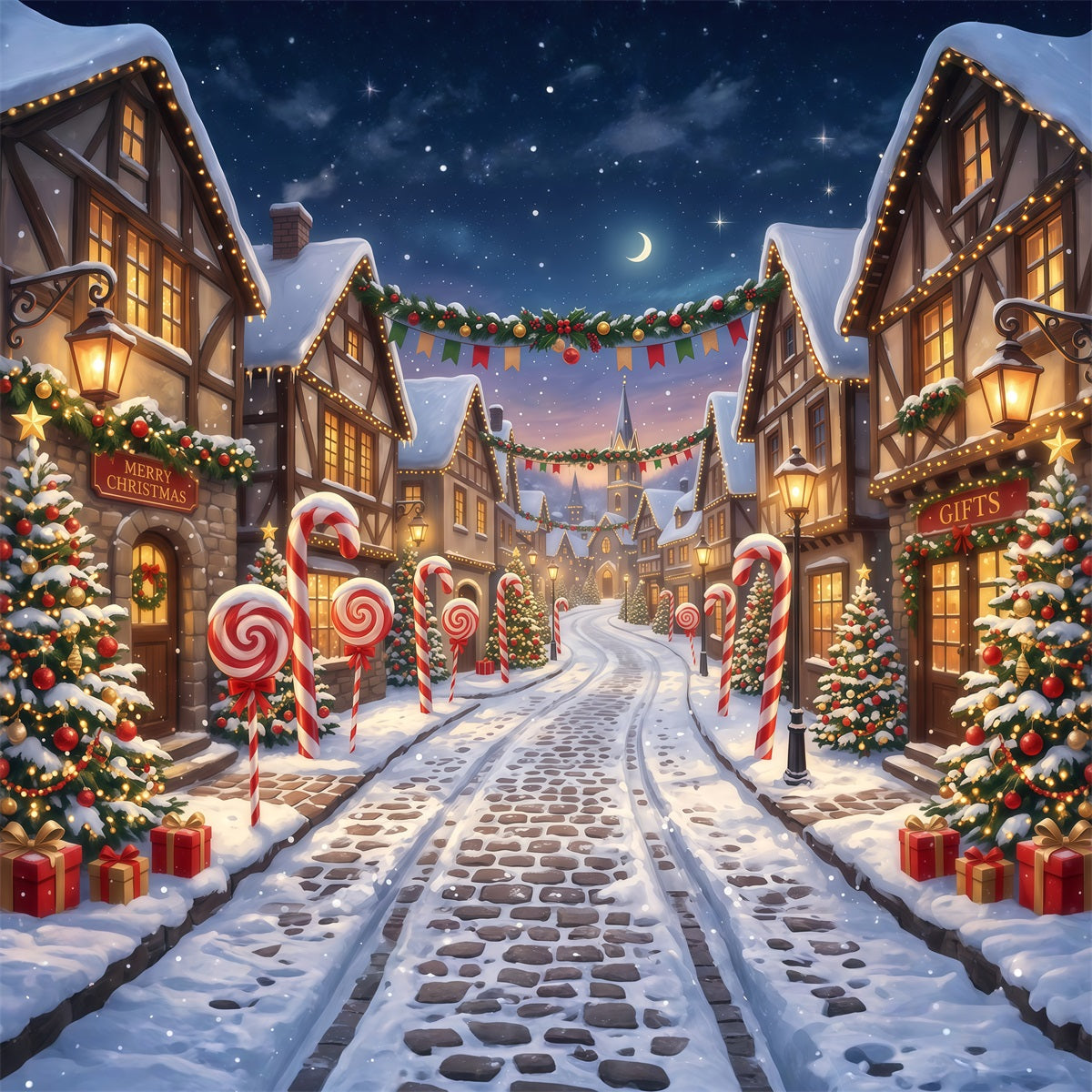 Fond De Village De Noël Rue Enneigée Bonbons Sucre RR610-94