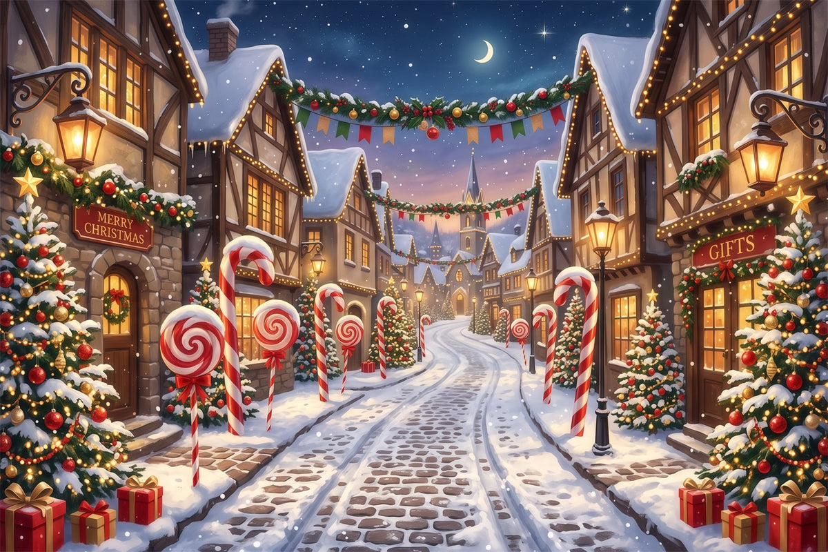 Fond De Village De Noël Rue Enneigée Bonbons Sucre RR610-94