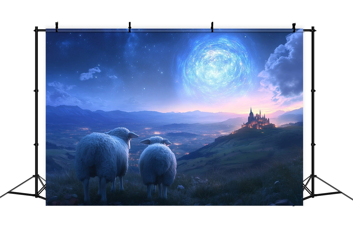 Fond De Crèche De Noël Château Crépuscule Moutons RR610-95