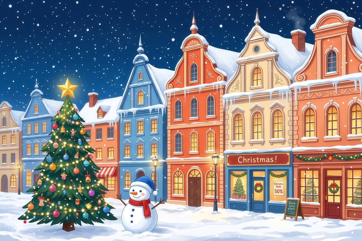 Fond De Ville De Noël Maisons Colorées Village Bonhomme Neige RR610-97
