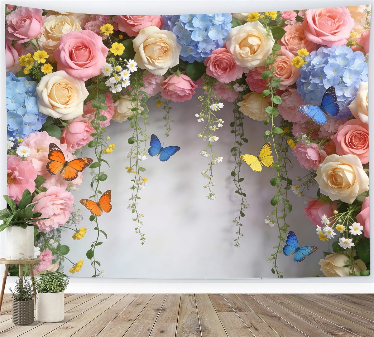 Toile de Fond Papillon Arche Florale Pastel Marguerites Roses RR62-1