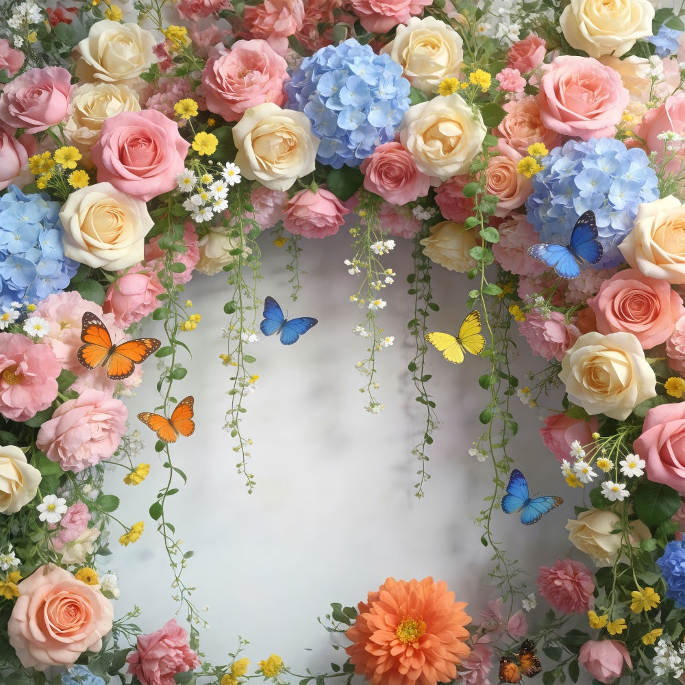 Toile de Fond Papillon Arche Florale Pastel Marguerites Roses RR62-1