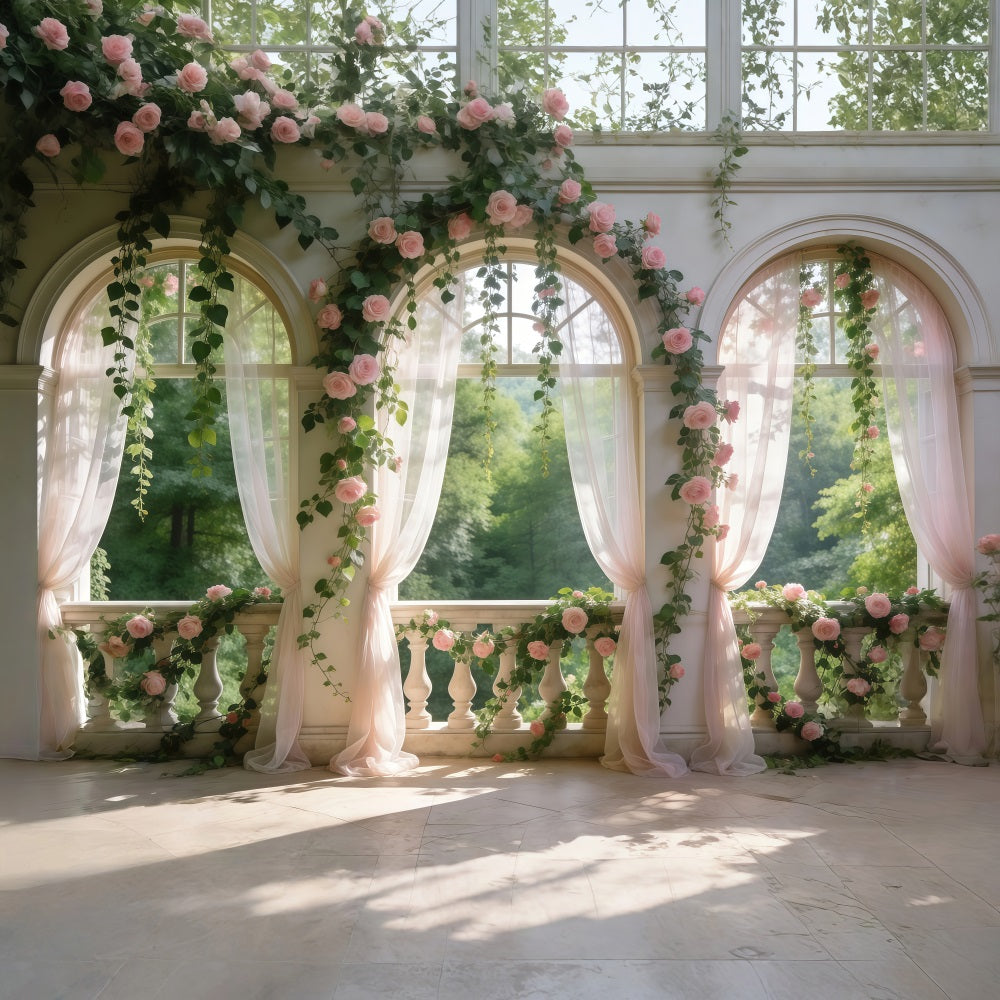 Fond Photo Jardin Balcon Roses Blush Arche Florale RR62-11