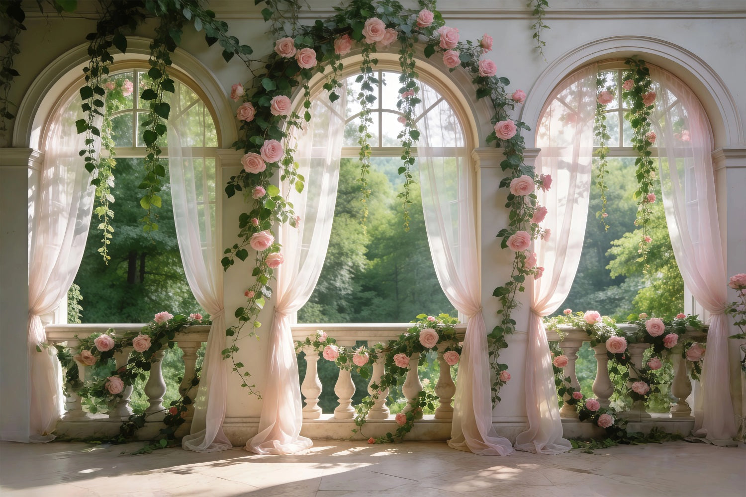 Fond Photo Jardin Balcon Roses Blush Arche Florale RR62-11