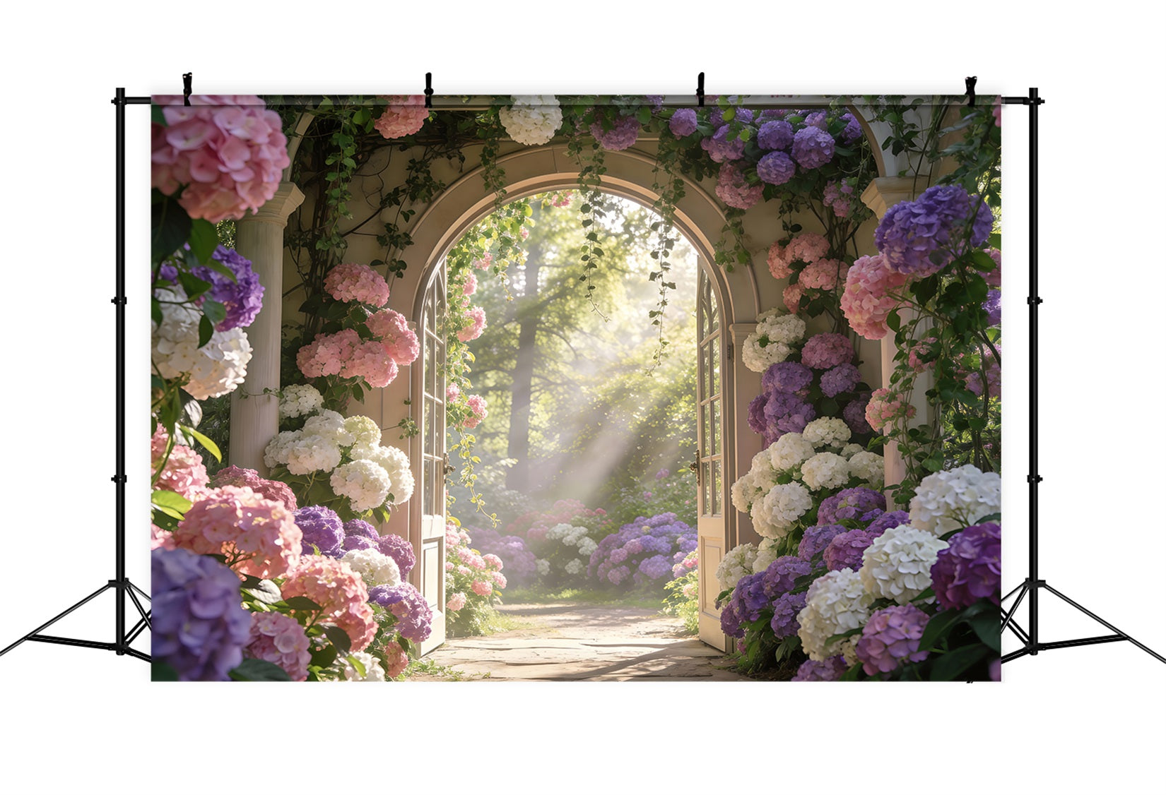 Toile de Fond Photo Jardin Enchanté Arche Florale Hortensias Soleil RR62-13