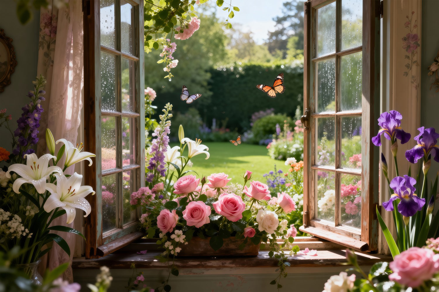 Fond Photo Papillon Fenêtre Jardin Lys Roses En Fleurs RR62-17
