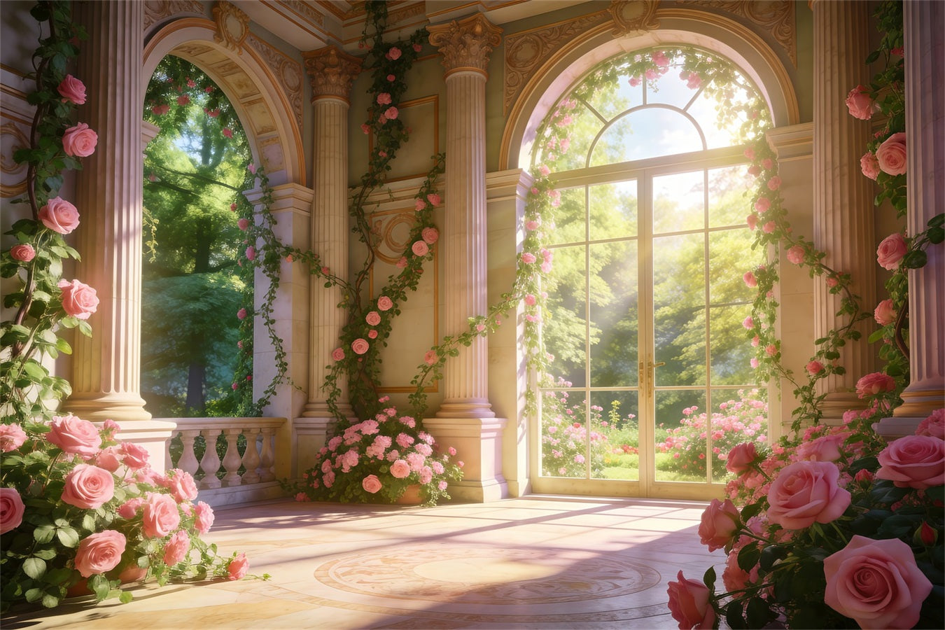 Toile de Fond Roseraie Fleurs Palais Élégant Lumière Du Soleil RR62-20