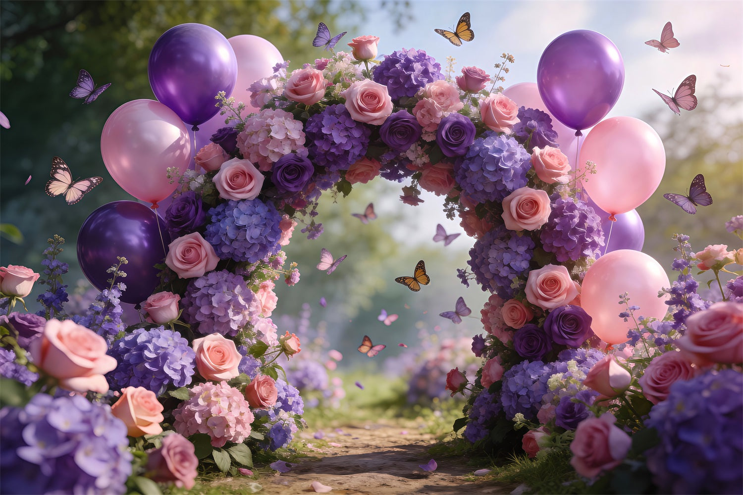 Fond Studio Ballons de Printemps Arche Florale Rose Blush Violet RR62-24