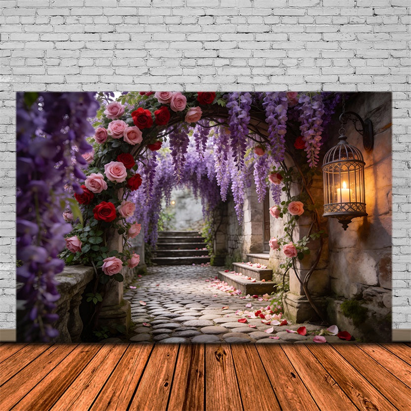 Fond Photo Jardin Fleuri Passage Pierre Glycine Roses RR62-25