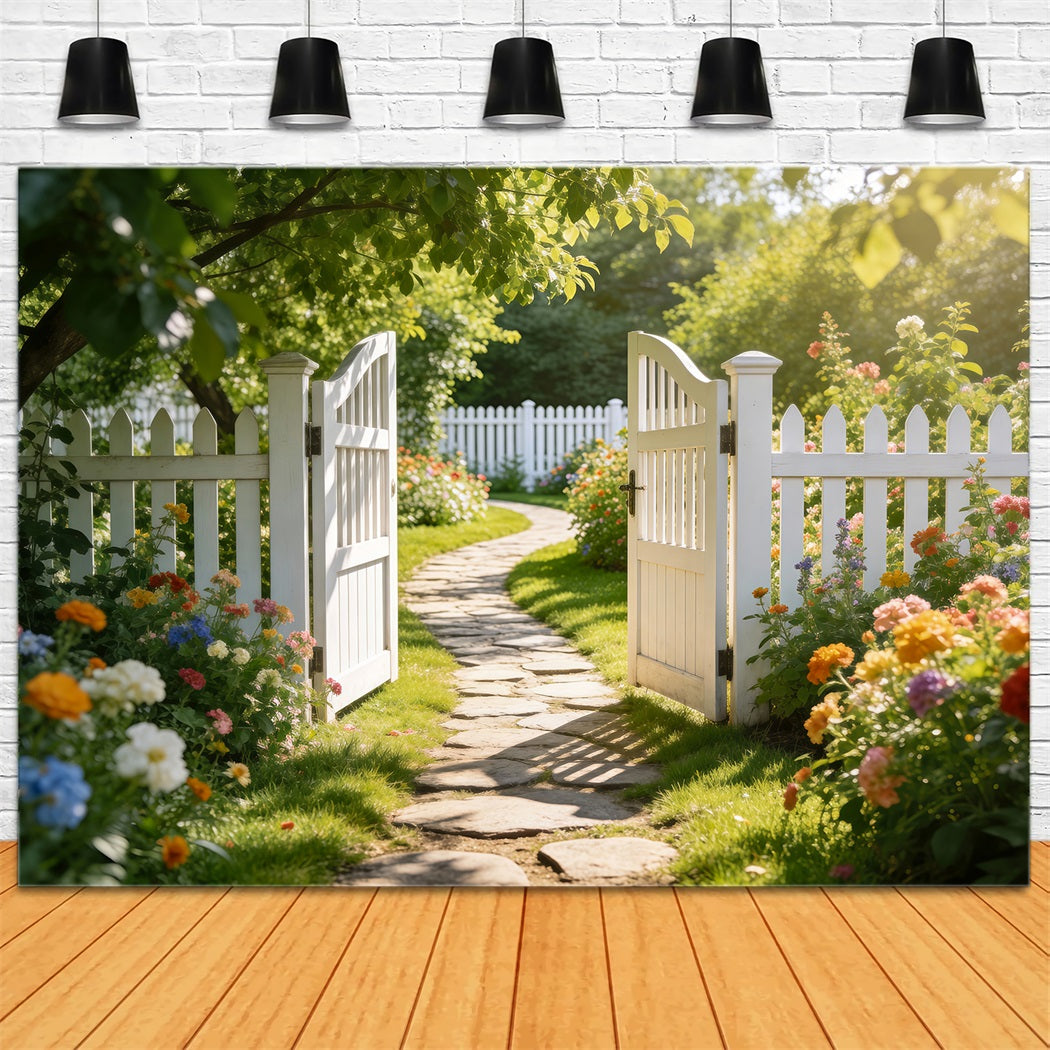 Toile de Fond Photo Jardin Enchanté Clôture Blanche Sentier Prairie RR62-27