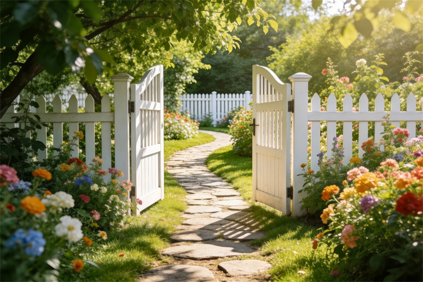 Toile de Fond Photo Jardin Enchanté Clôture Blanche Sentier Prairie RR62-27