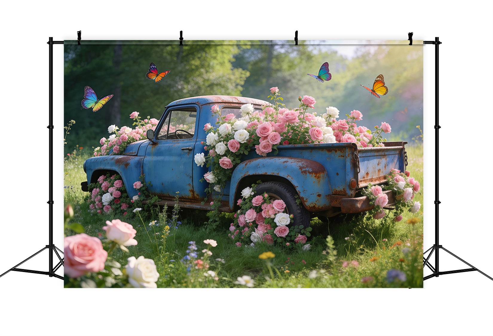 Fond Photo Fleurs Sauvages Camion Bleu Vintage Prairie De Roses RR62-31