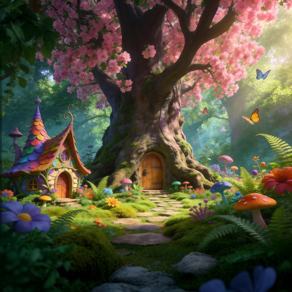 Toile de Fond Fleurs de Cerisier Forêt Enchantée Arbres Fleurs Roses RR62-34