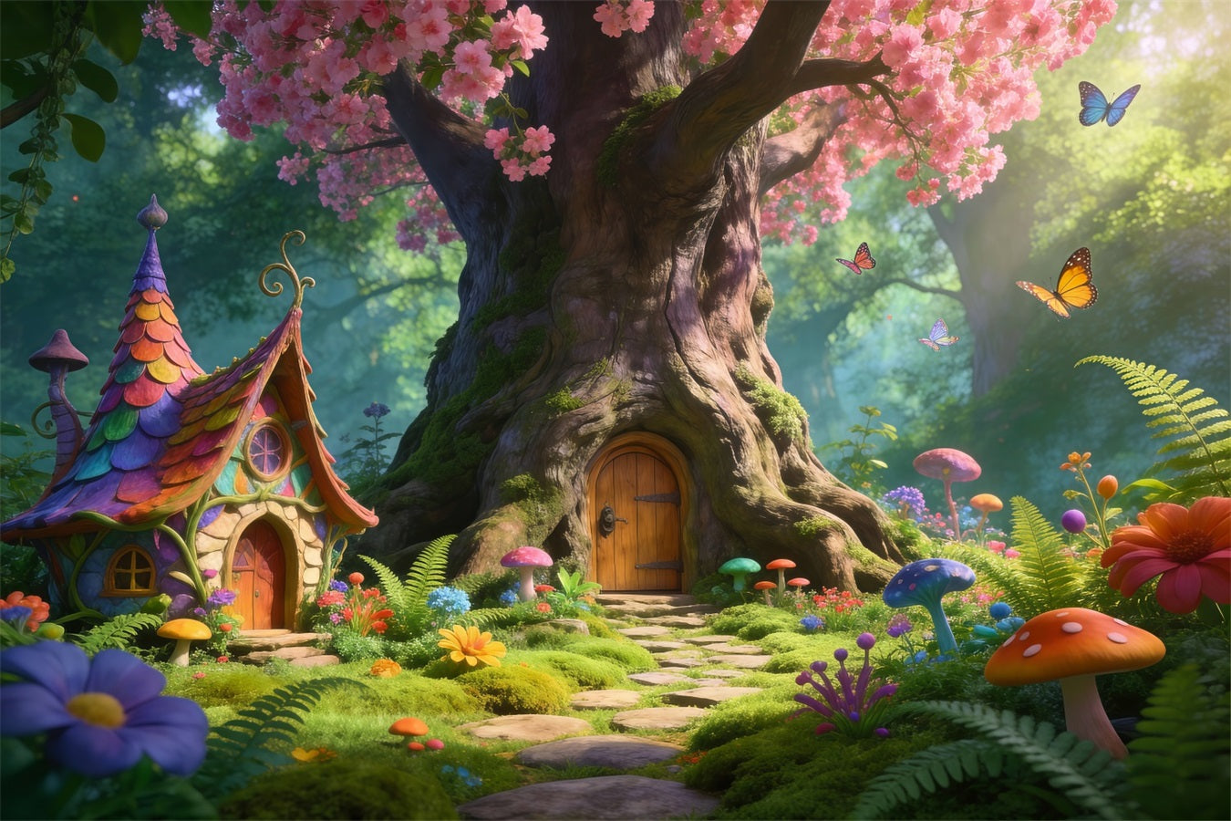 Toile de Fond Fleurs de Cerisier Forêt Enchantée Arbres Fleurs Roses RR62-34