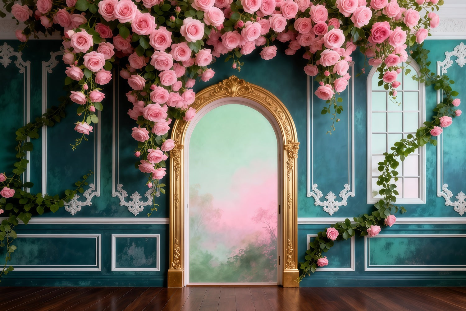 Toile de Fond Lianes Suspendues Mur Rétro Palais Drapé De Roses RR62-43