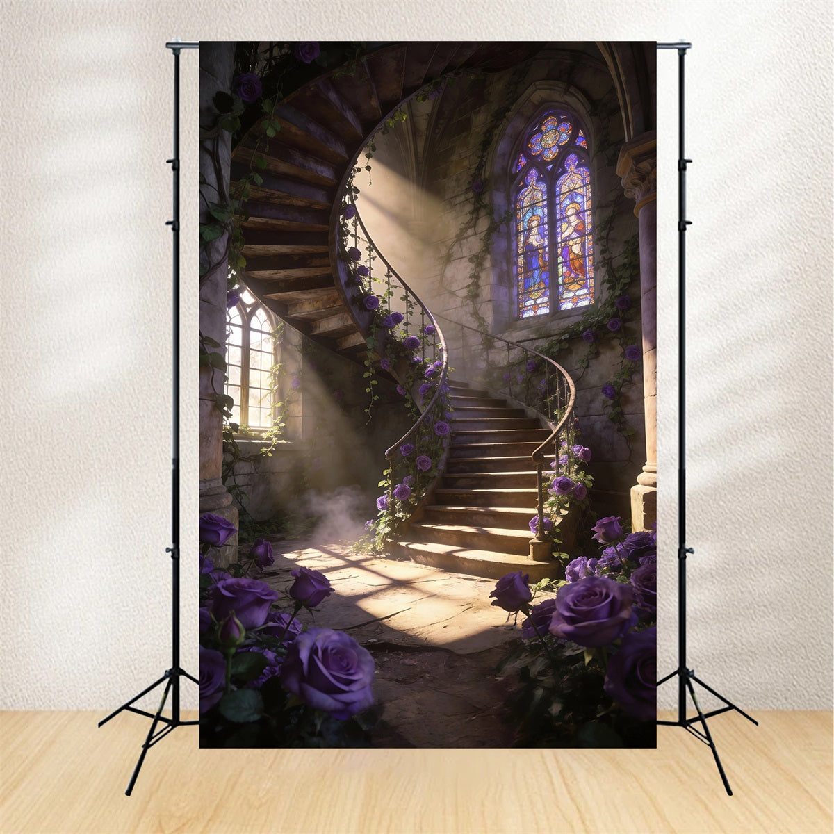Fond Studio Fleurs de Printemps Escalier En Spirale Roses Violettes RR62-50