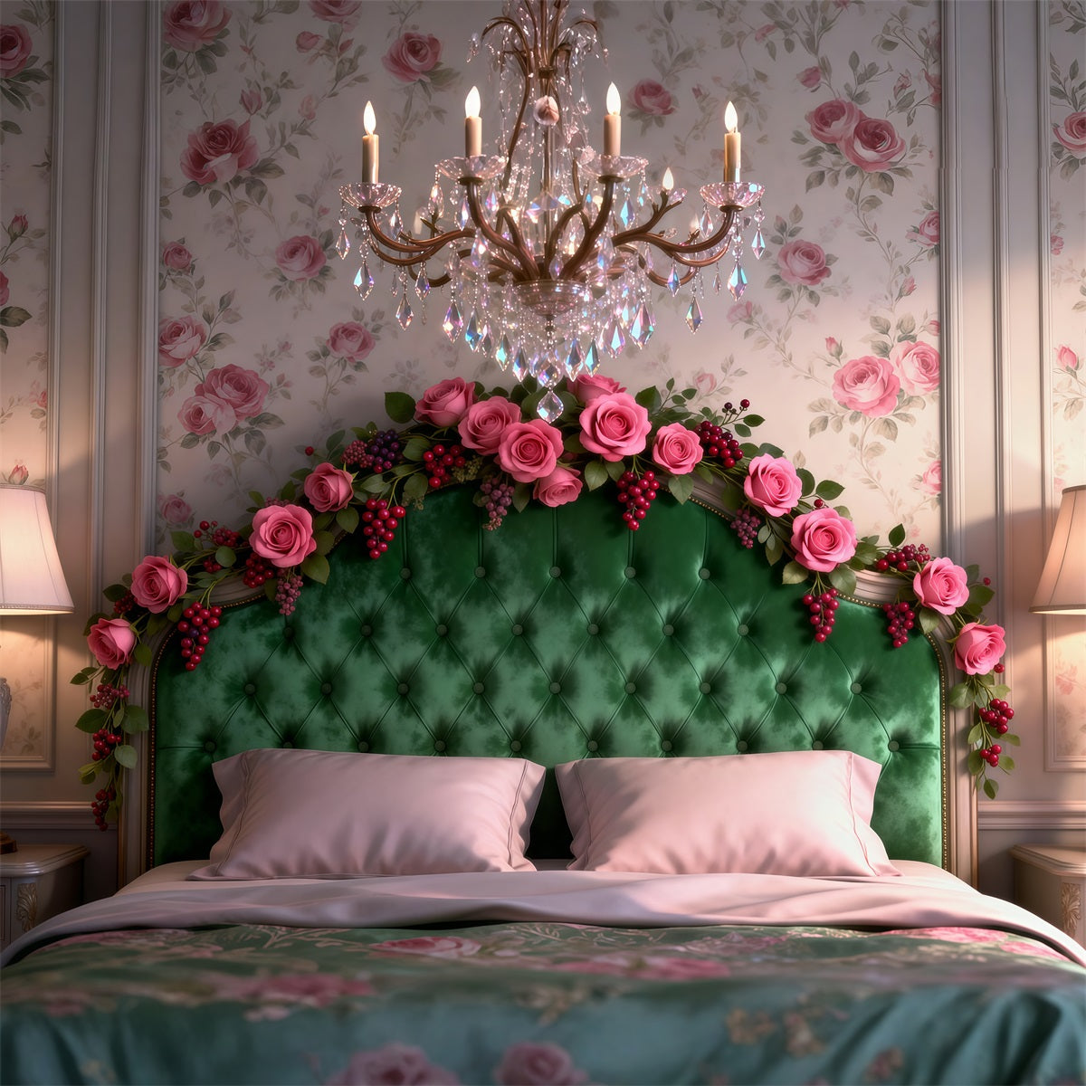 Fond Photo Boudoir Élégance Lustre Émeraude Rose RR62-52