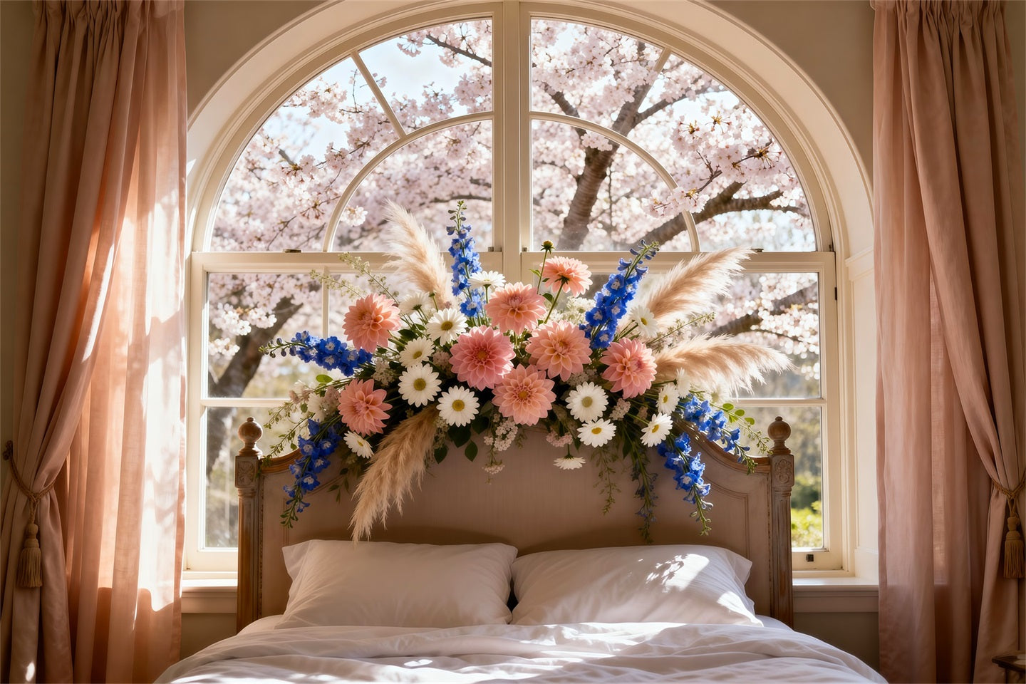 Fond Studio Boudoir Lit Fenêtre Fleurie Ensoleillée RR62-55