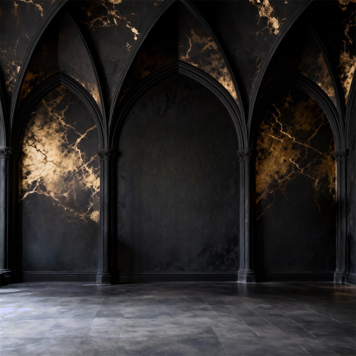 Toile de fond Photo Boudoir Arches Marbre Noir Veines Dorées RR62-84