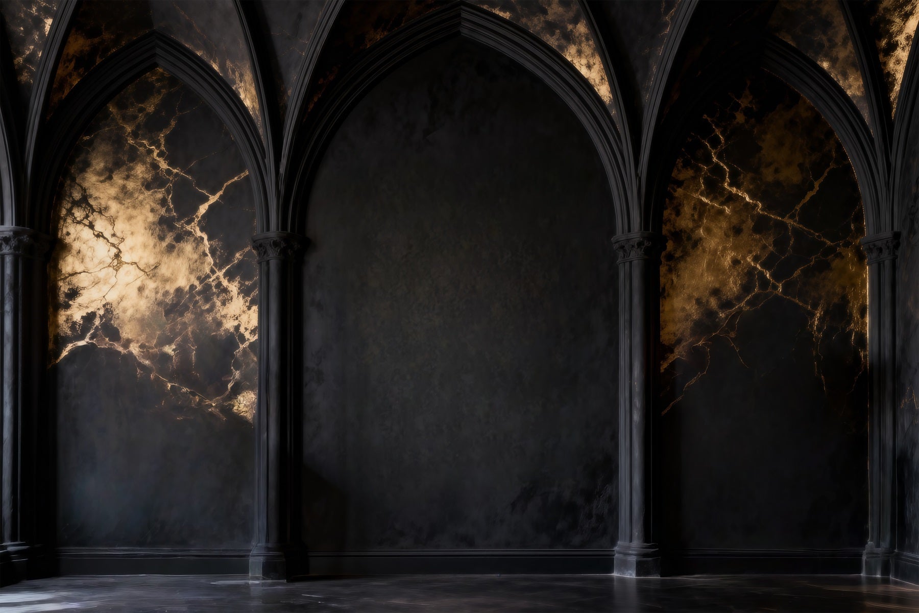 Toile de fond Photo Boudoir Arches Marbre Noir Veines Dorées RR62-84