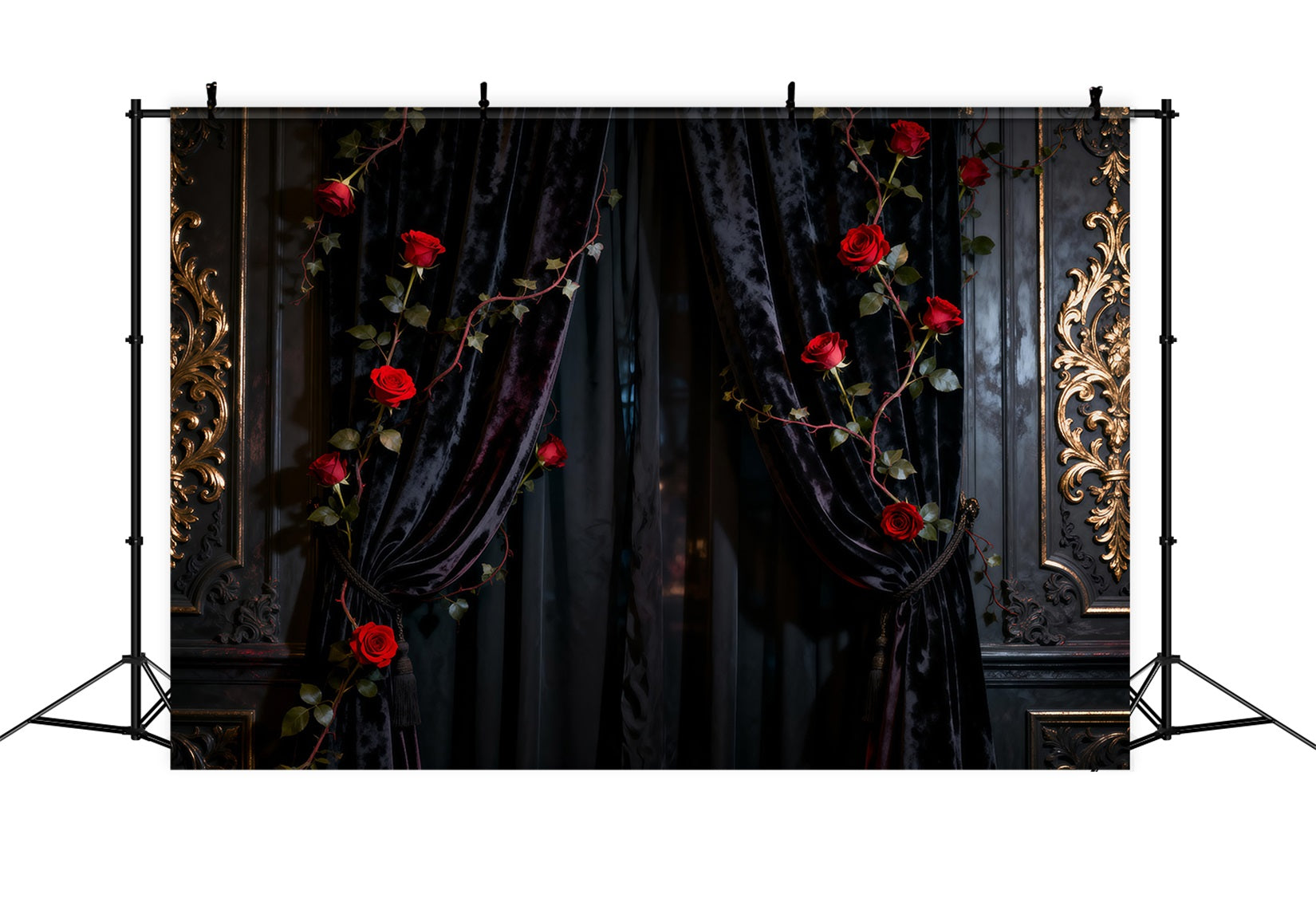 Fond Photo Boudoir Mur Rideau Velours Noir Roses RR62-92