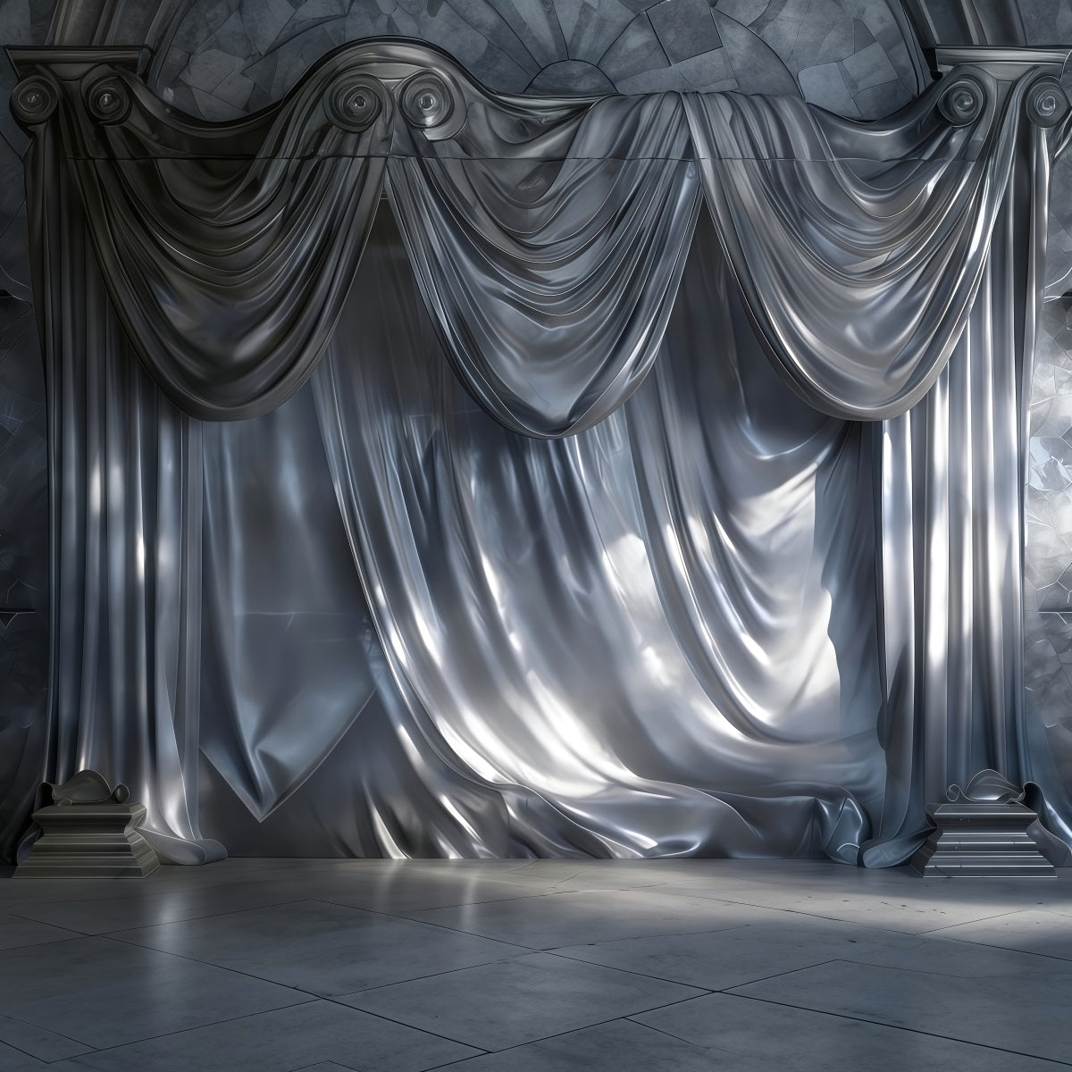 Toile de fond Photo Boudoir Draperie Satin Argenté Cascade RR62-94
