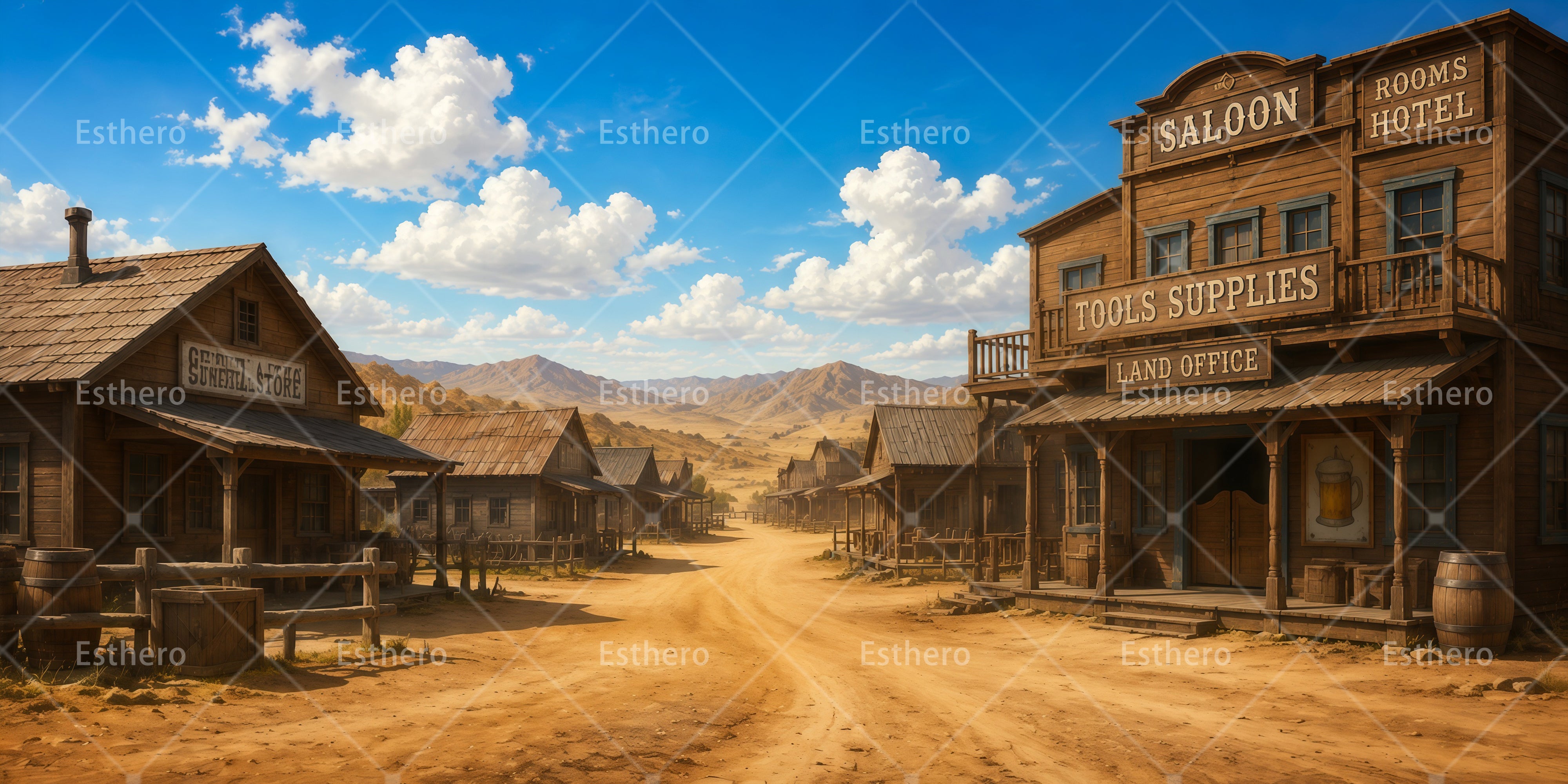 Toile de fond ville western village rustique décor scène VBS RR65-T2