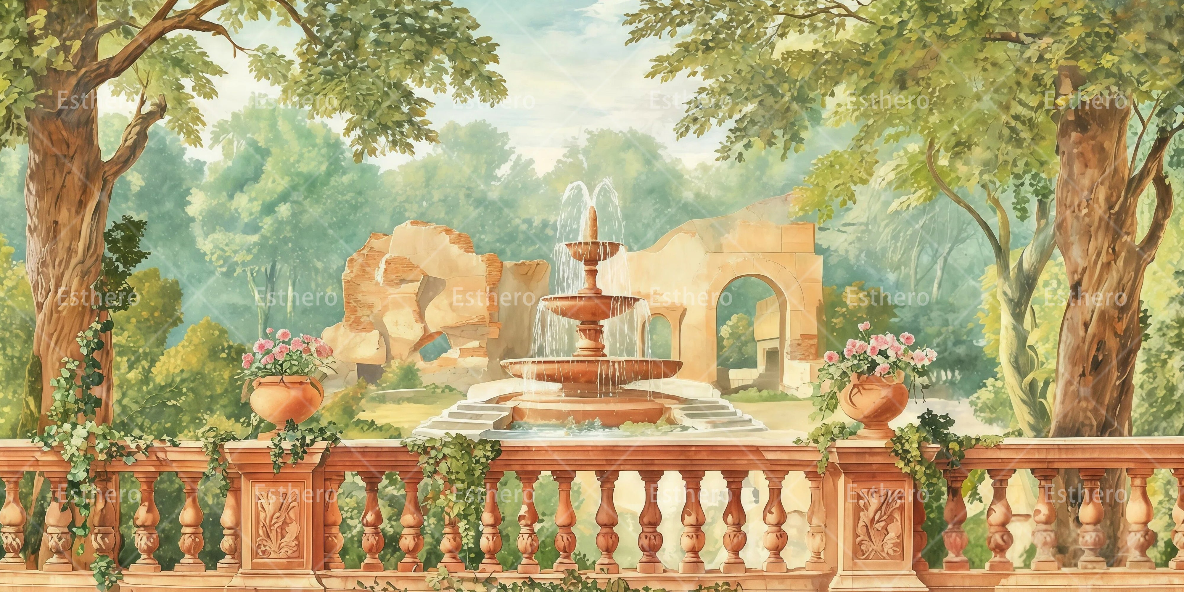 Toile de fond jardin intemporel fontaine décor de scène RR65-T36