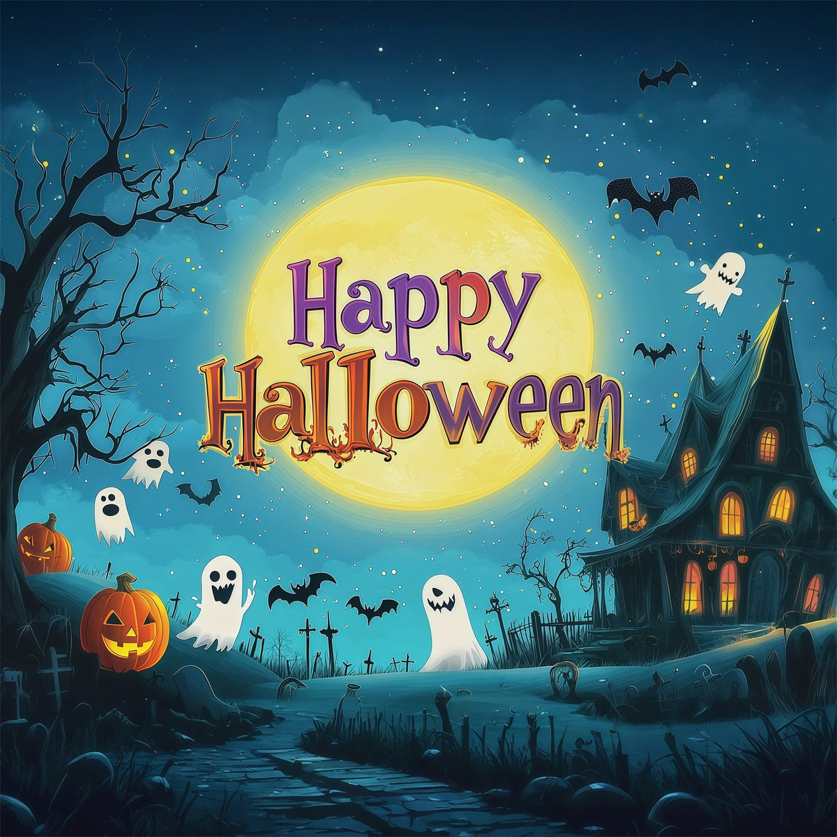 Décor De Fête D'Halloween Maison Hantée Avec Lune De Dessin AniméDécor De Photomaton D'Halloween RR67-107