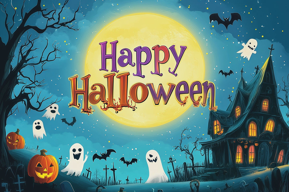 Décor De Fête D'Halloween Maison Hantée Avec Lune De Dessin AniméDécor De Photomaton D'Halloween RR67-107