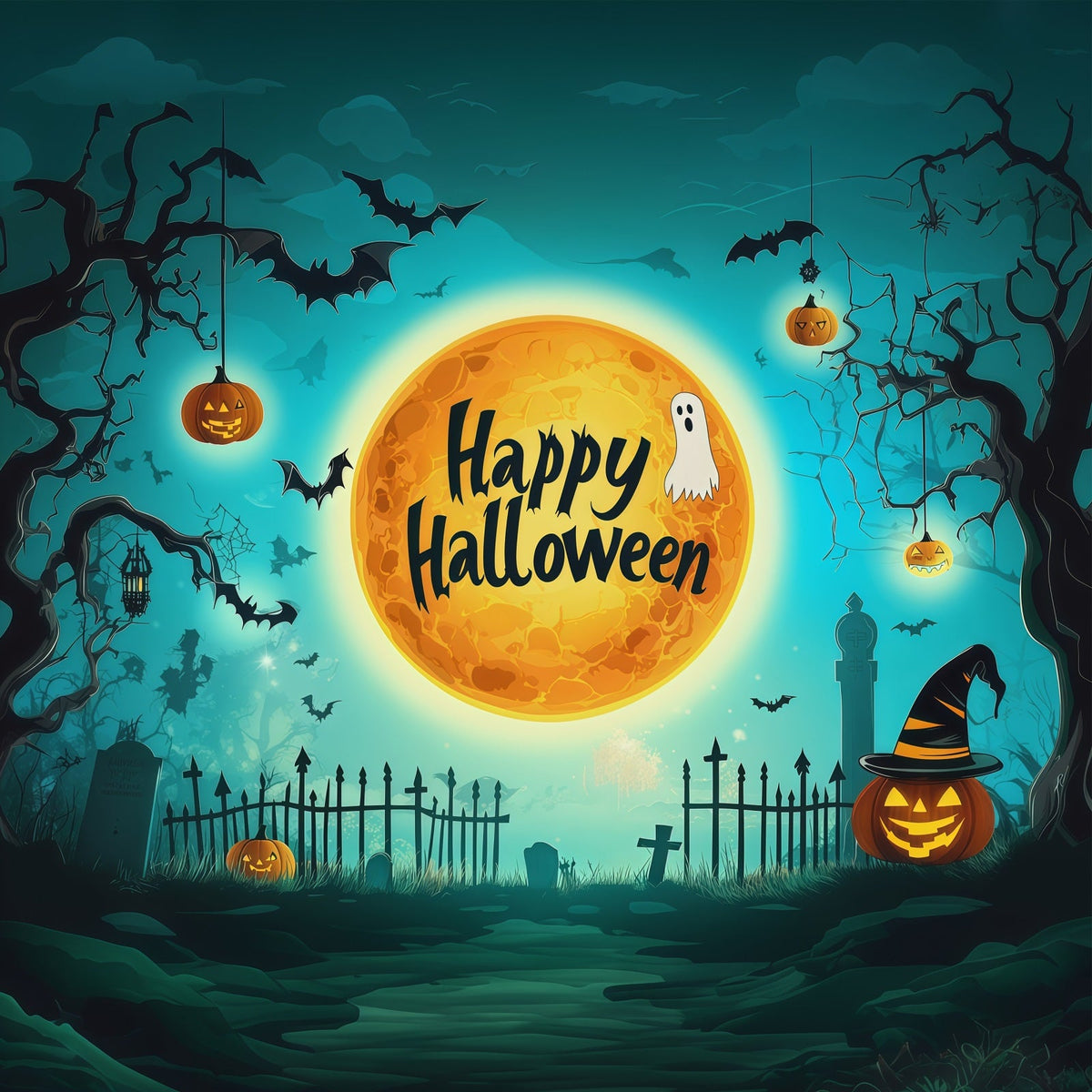 Fond Photo D'Halloween Avec Silhouette De Cimetière Et Lune Turquoise RR67-110