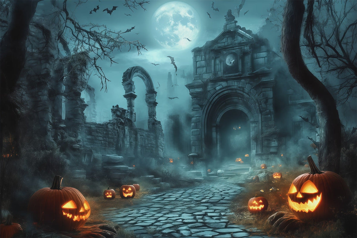 Décor Extérieur D'Halloween Pour Photos Ruines Au Clair De Lune Chemin De Citrouilles RR67-111