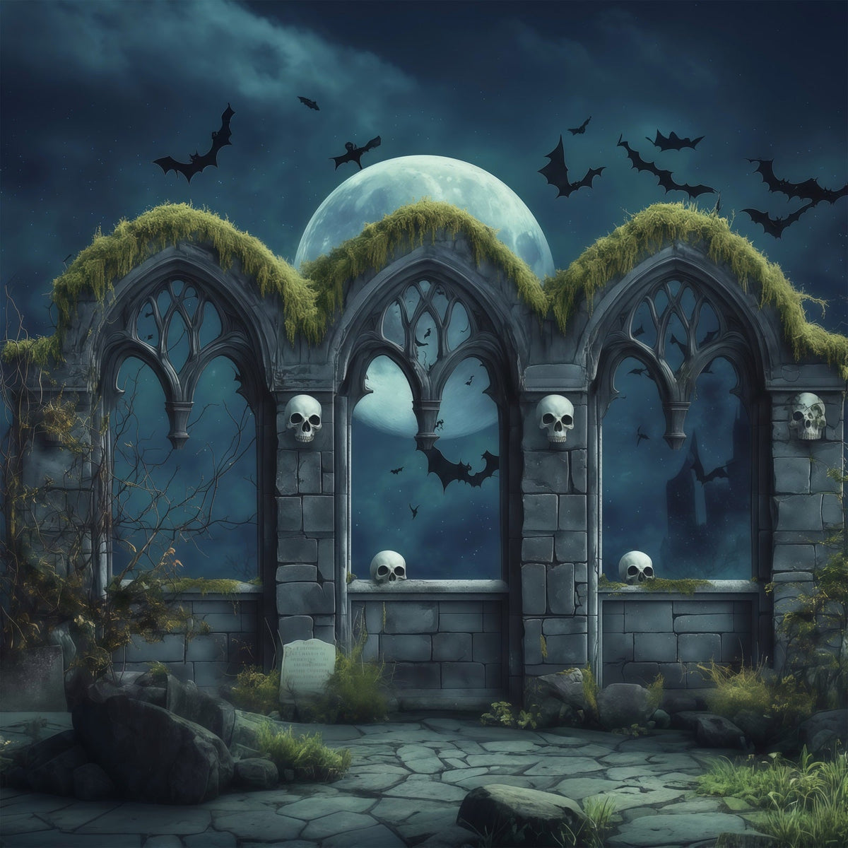 Décor De Cimetière D'Halloween Personnalisé Crâne Gothique Lune Et Arches RR67-114