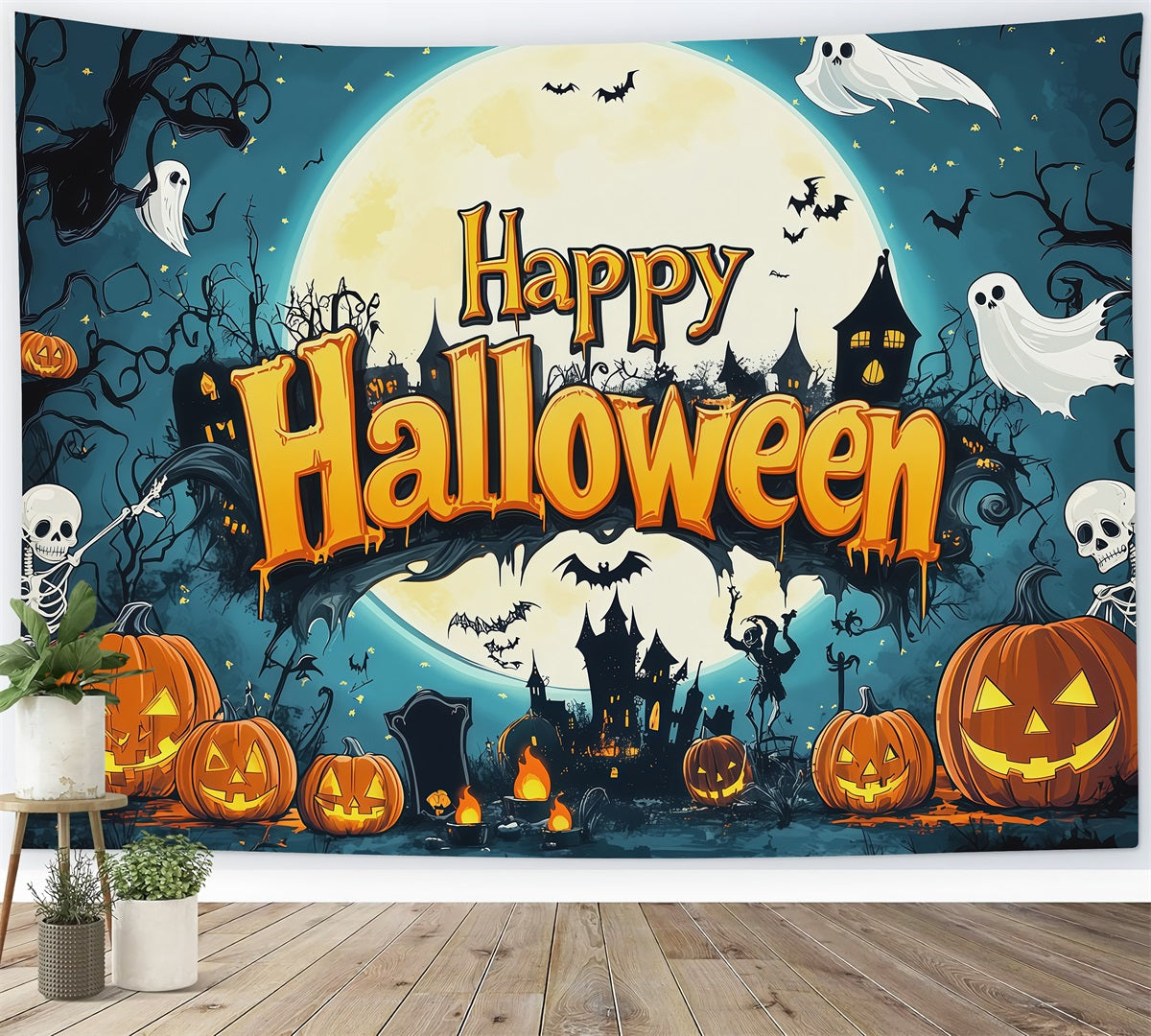 Décor De Fond Pour Photomaton Halloween Squelette Citrouille LuneFête D'Halloween RR67-120